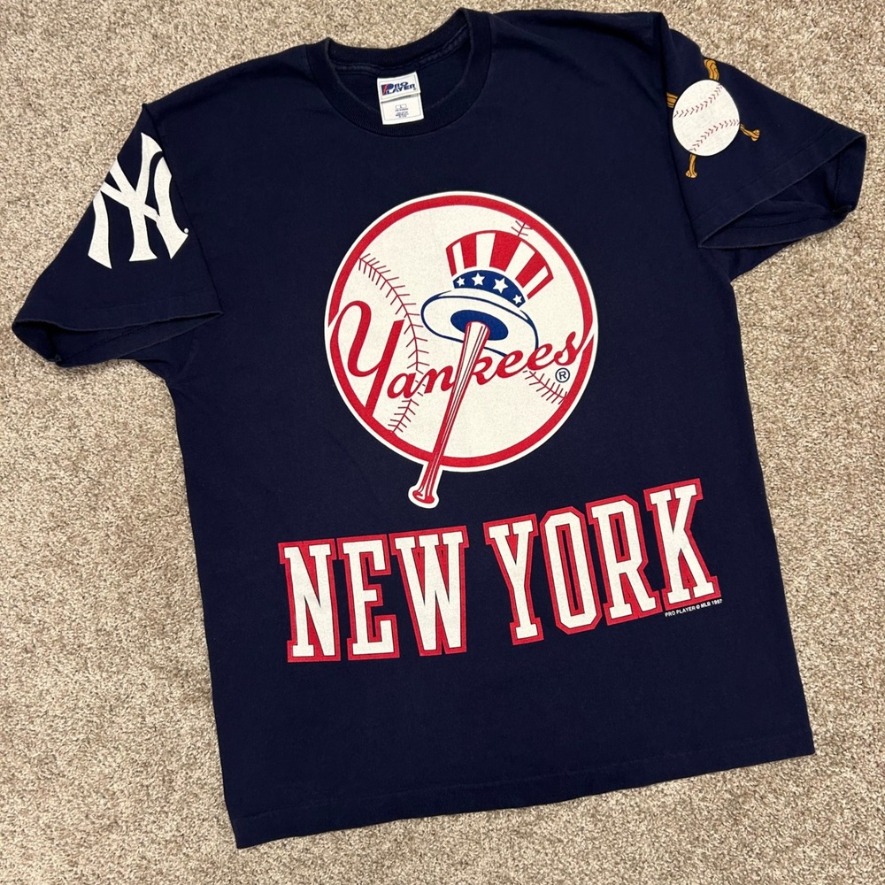 New York Yankees Tshirt Pro Player Men Large USA Made 90s Baseball Double Sided